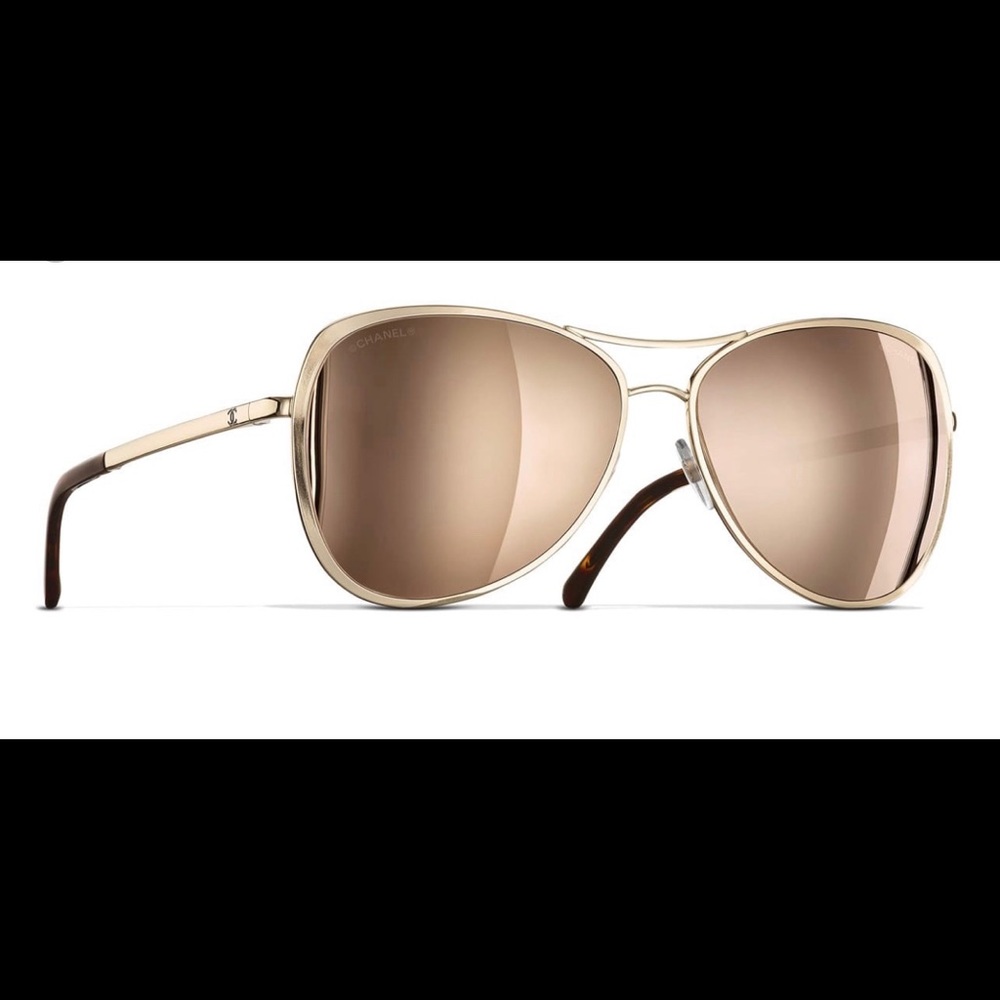 CHANEL Gold Frame Brown Mirrored Aviator Sunglasses